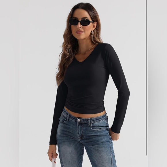 Long Sleeve Shirt V Neck Basics Crop Tops Layering Slim Fitted Y2K - Picture 1 of 6